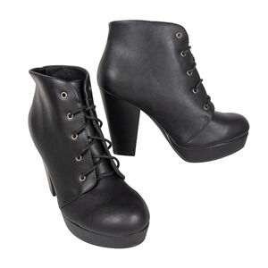 BONNIBEL Black Heeled Lace Up Platform Ankle Booties Faux Leather Women's 9